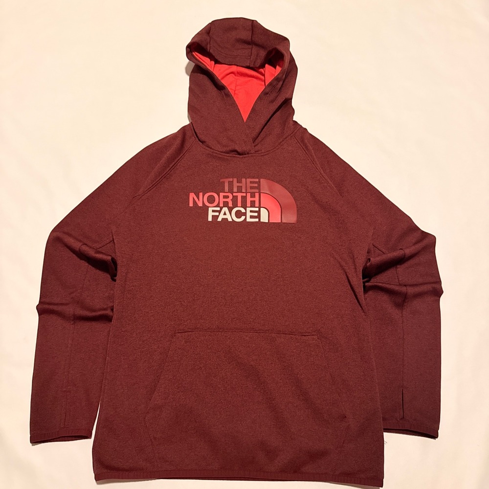 The North Face Pullover Hoodie Women Size M Burgundy Heather Logo Thumbholes